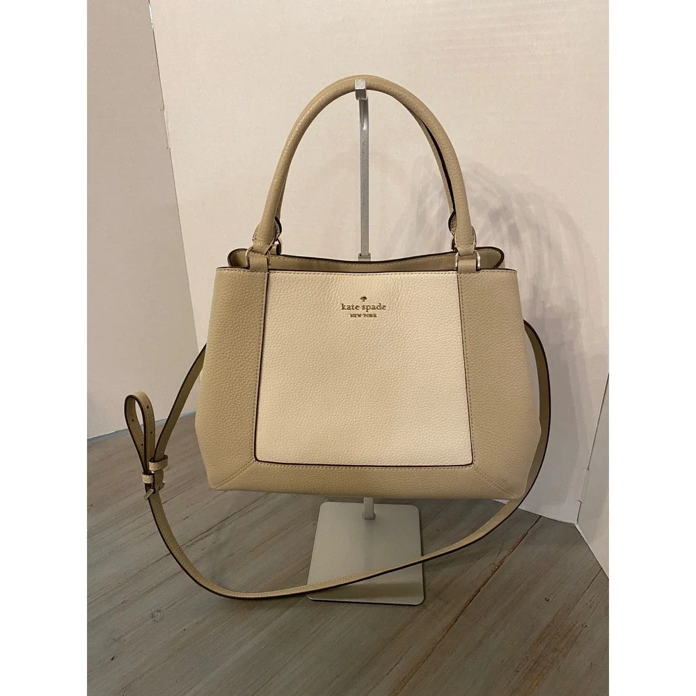 Kate Spade New York Pebbled Leather Satchel Crossbody Bag Beige Cream Two-Tone